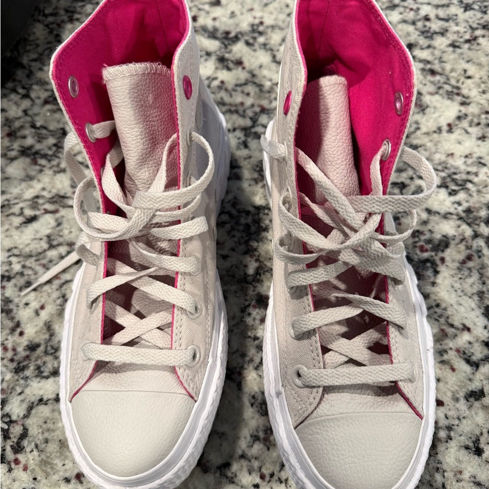 Converse Platform Beige/Tan with pink accents High-Top Sneakers Size: 8